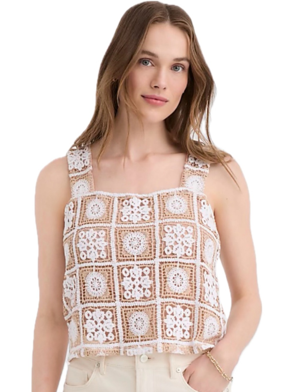 NWT LOFT Crochet Square-Panel Tank Top in Cream and Tan